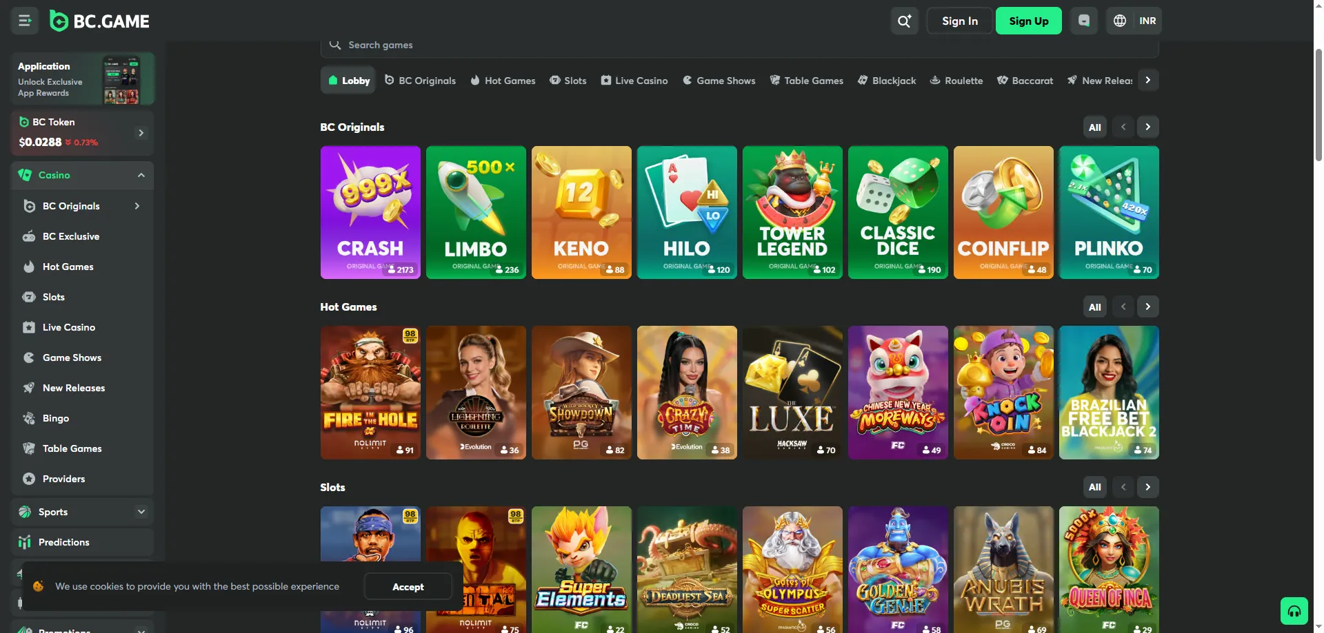 BC Game casino slot games lobby with 8000+ titles for India